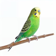 Fototapeta premium Vibrant green budgerigar perched gracefully on a branch, showcasing its brilliant plumage on white background