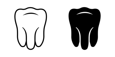 Tooth icon set. A simple illustration of a tooth with black outline and black solid fill, showing a dental icon on a white background. Design element for dental or medical related project.