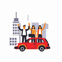 Team Celebration in the City-Successful Business Team Celebrating Together-Group Standing on Car Waving-Office Building Background-Celebrating Success in Urban Area