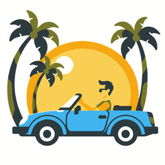 Tropical Getaway Illustration-Man Driving Blue Convertible-Palm Trees and Sunset-Ideal for Summer Travel-Vacation Vibes-Automotive and Leisure Design