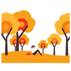 Woman reading in autumn park- Enjoying nature and books- Fall season reading relaxation- Serene outdoor reading setting- Autumn themed vector art_