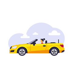 Woman driving a yellow convertible car- Road trip adventure illustration- Enjoying summer vibes with open-top vehicle- Modern automotive design with a cheerful driver