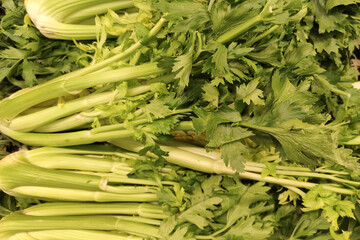 Fresh green celery stalks piled together, showcasing vibrant leaves and crisp texture in a grocery...