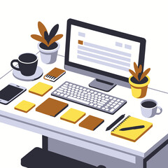Workspace Illustration-Computer-Notes-Coffee-Office Desk with Plants and Stationery-Productivity Setup-Desktop Scene-Work From Home-Creative Desk
