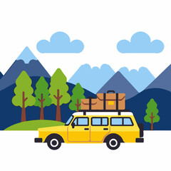 Yellow Car Road Trip Illustration- Mountains Trees and Luggage- Adventure and Travel Concept- Explore the Outdoors with this Cute Graphic Style Image