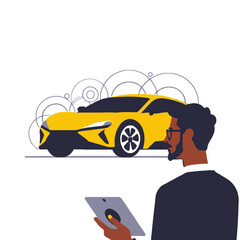 Yellow Sports Car Design-Man with Tablet-Automotive Tech Concept-Luxury Vehicle Illustration-Modern Car Aesthetics-Digital Automotive Management