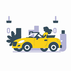 Yellow Convertible Car Illustration-Woman Driver-Cityscape Background-Modern Design-Automotive Graphic-Transportation Art-Urban Lifestyle-Stylish Vehicle-Road Trip Concept