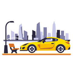 Yellow Sports Car Illustration-Cityscape Background-Park Bench and Streetlight-Automotive Design-Modern Transportation-Urban Scene-Car Enthusiast Art