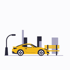 Yellow Sports Car in Cityscape Illustration - Modern Vehicle Design with Urban Background - Sleek Automobile Art for Transportation Concepts-Street Scene