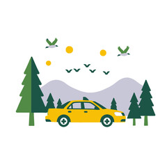 Yellow Taxi Cab in Nature Scene Illustration-Taxi Service with Mountains and Birds-Transport Illustration for Designs and Artwork-Explore Scenic Route by Taxi