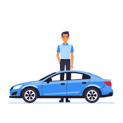 Young man posing with a stylish blue sedan car- Cartoon illustration of a happy guy and his new vehicle- Automotive lifestyle and transportation concept