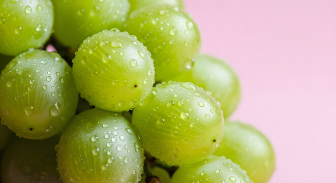 Fresh Green Grapes with Water Droplets Against a Light Pink Backdrop for a Refreshing and Healthy Vibe
