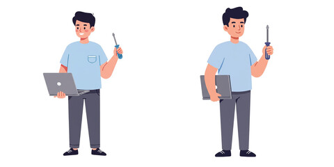 IT technician holding laptop and screwdriver in modern style no background, isolated set