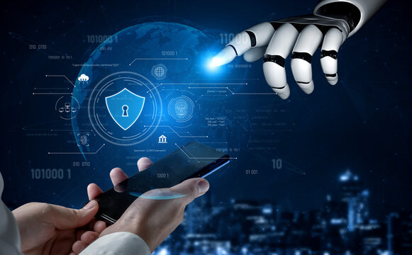 AI securing digital infrastructure, analyzing biometric authentication, monitoring threats, and managing identity protection through intelligent cybersecurity protocols. Vouch