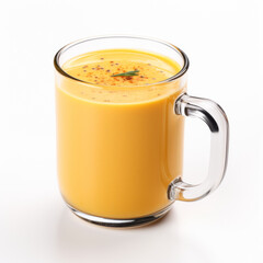 Delicious pumpkin soup served in a glass mug on a white background offers a warm and comforting culinary experience.