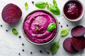 Vibrant Beetroot Hummus Served with Fresh Basil and Beet Slices