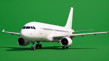 3d model of airplane stands sharply outlined against solid green screen background, perfect for compositing in post-production. Airplane for visual effects, travel ads, or aviation-related content