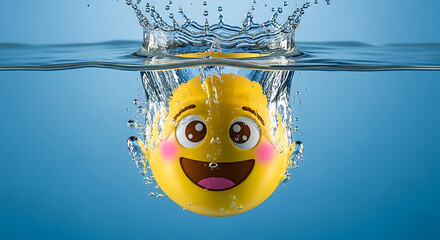 Happy Emoji Plunging into Clear Blue Water with Splash