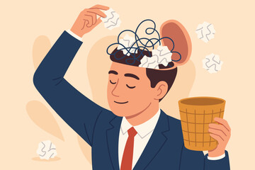 Declutter mind for mental health, psychology concept. Businessman cleaning brain for stress relief, focus, creativity. Clear thoughts, remove chaos for wellness and order.