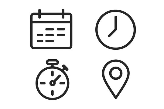 Date, time and address line icon set. Web icons for business schedule, reminder and appointment. Calendar, clock, stopwatch timer and location pin vector signs.