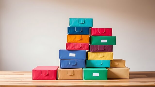 Colorful package boxes neatly stacked on a wooden table, showcasing modern packaging design.
