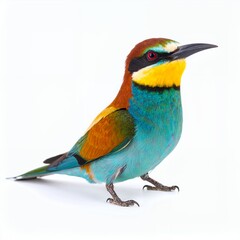 Fototapeta premium Vibrant plumage bird standing gracefully, displaying colorful features, isolated on white background