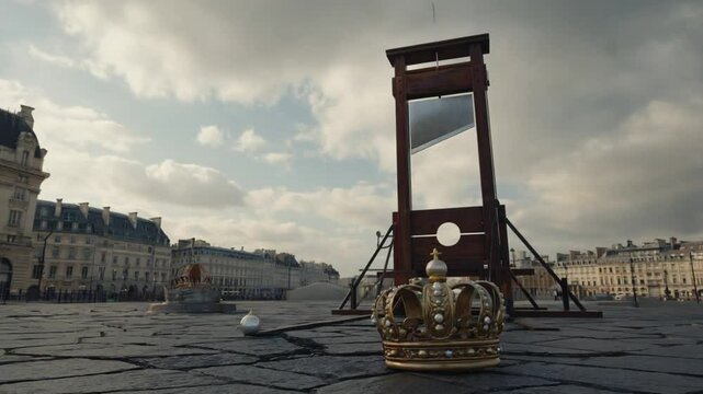 King's crown next to a guillotine. French Revolution.