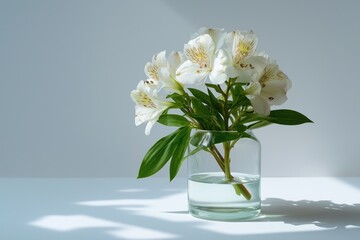 White alstroemeria flowers in glass vase with natural light