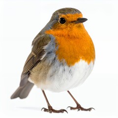 European robin portrait, showcasing vibrant plumage and gentle gaze, delicate features on white background