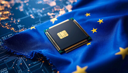 The European chip: A high-angle shot showcases a close-up of a sophisticated microchip resting atop a flag, hinting at the pivotal role of technology in the evolving landscape of European innovation.