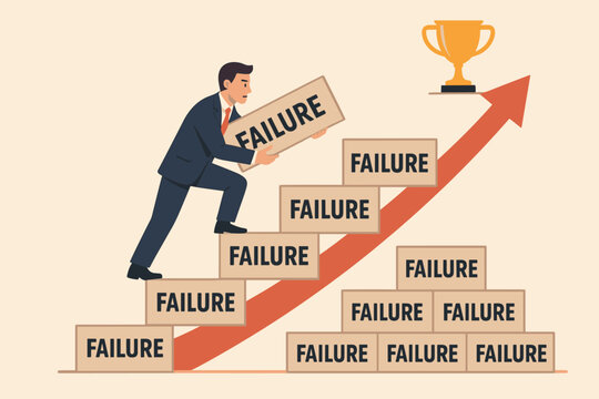 Success from failure concept. Businessman building stairs with failure blocks to reach trophy. Metaphor for overcoming adversity, persistence, motivation and personal growth.
