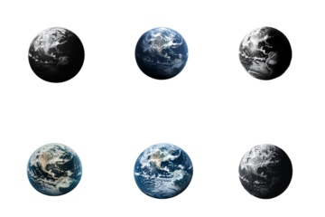 Six Views of Planet Earth Showing Different Lighting and Cloud Cover isolated on a transparent background