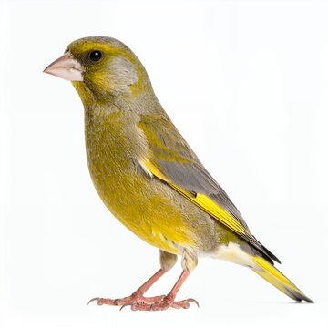 Striking greenfinch portrait displaying vibrant plumage in meticulous detail on white background