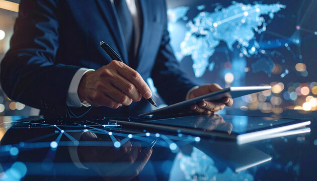 Strategic Insight: A focused executive in a tailored suit utilizes a digital tablet, with a world map graphic in the background, reflecting a business plan's global perspective. - Powered by Adobe