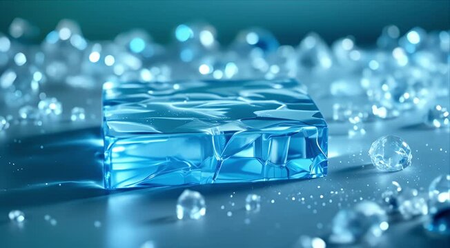 Sparkling ice block radiates coolness, with frozen water droplets in a refreshing and serene winter setting