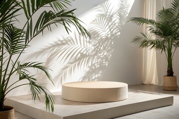Fototapeta premium White side table by bathtub, tropical palm tree, wooden rattan partition in luxury design bathroom in sunlight, shadow on cream wall for interior design decoration, toiletries product background 3D
