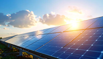 Harnessing the Sun: A vast array of solar panels glistens under the radiant sun, signifying the boundless potential of clean energy.