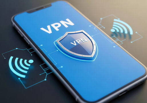 VPN Mobile App with Shield Icon &ndash; Cybersecurity & Internet Privacy Protection Concept