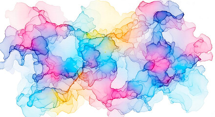 Colorful Abstract Ink Painting with Blended Hues, Fluid Dynamics, and Watercolor Effect on White Canvas for Backgrounds.