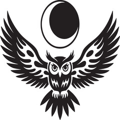 Stylized black and white owl with outstretched wings and a crescent moon above its head design