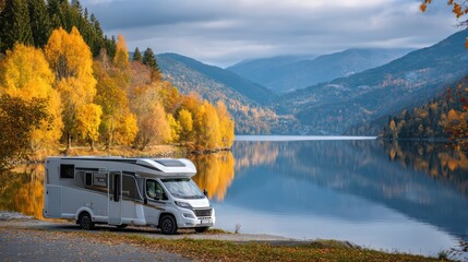 An RV is parked near a tranquil lake reflecting vibrant autumn colors. Majestic mountains rise in the background, creating a picturesque backdrop for outdoor adventure