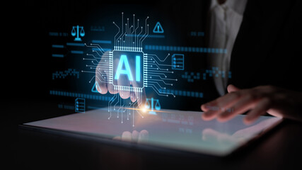AI circuit microchip with glowing blue lines, surrounded by legal scales, warning symbols, data...