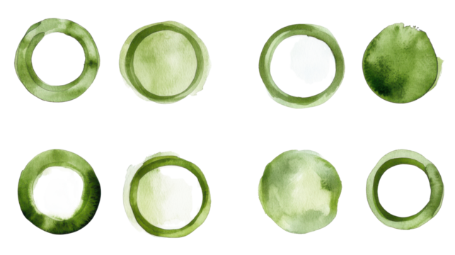 Olive green round circle and ring-shaped set featuring organic watercolor textures isolated on white background, ideal for artistic design, abstract decoration, and creative nature-themed projects