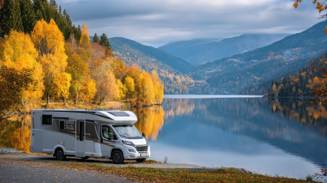 An RV is parked near a tranquil lake reflecting vibrant autumn colors. Majestic mountains rise in the background, creating a picturesque backdrop for outdoor adventure
