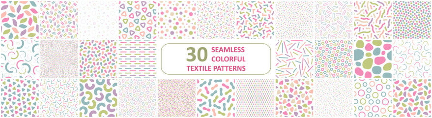 Collection of vector seamless patterns with colorful mosaic shapes. Trendy minimalistic delicate backgrounds. Textile endless prints, stylish unusual textures