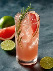 A vibrant grapefruit cocktail is presented in a tall glass filled with ice. Garnished with rosemary and fresh lime, the drink is set against a dark textured background, showcasing fresh fruits
