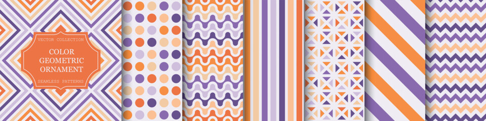 Obraz premium Collection of bright color seamless geometric patterns. Abstract fashion striped backgrounds. Tile mosaic textures. Vibrant simple endless prints