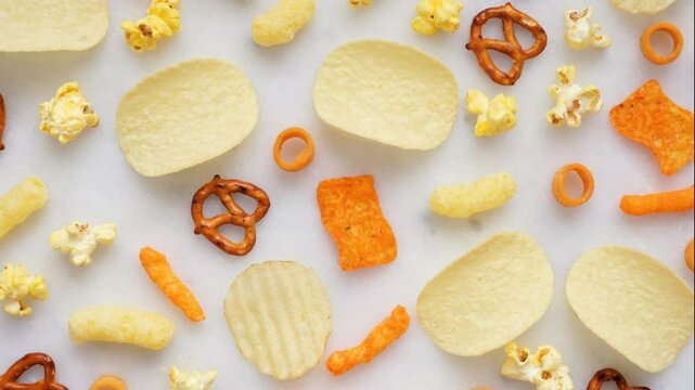 Assorted salty snacks including potato chips, popcorn and pretzels. Stop motion flay lay with a white marble background.