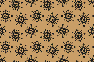 Cartoon seamless virus pattern. Pandemic brown and black danger background with abstract medical bacteria symbols. Vector illustration for fabric, design, print, wallpaper, cover, covid concept