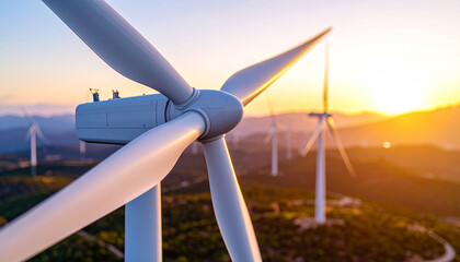 Wind Turbine Energy: Close-up view of a wind turbine blade against a vibrant sunset, showcasing clean energy and sustainable technology.